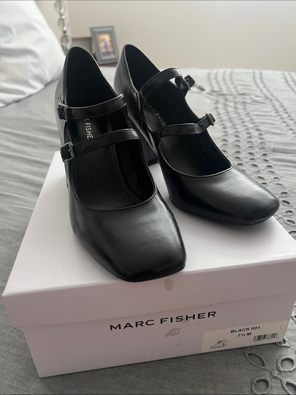 Marc Fisher Black Double-Strap Square-Toe Mary Jane Heels
